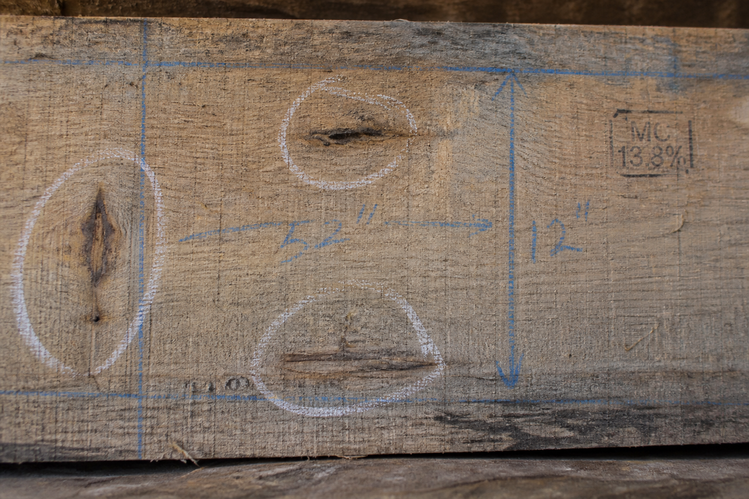 Defect circles marked on graded timber surface