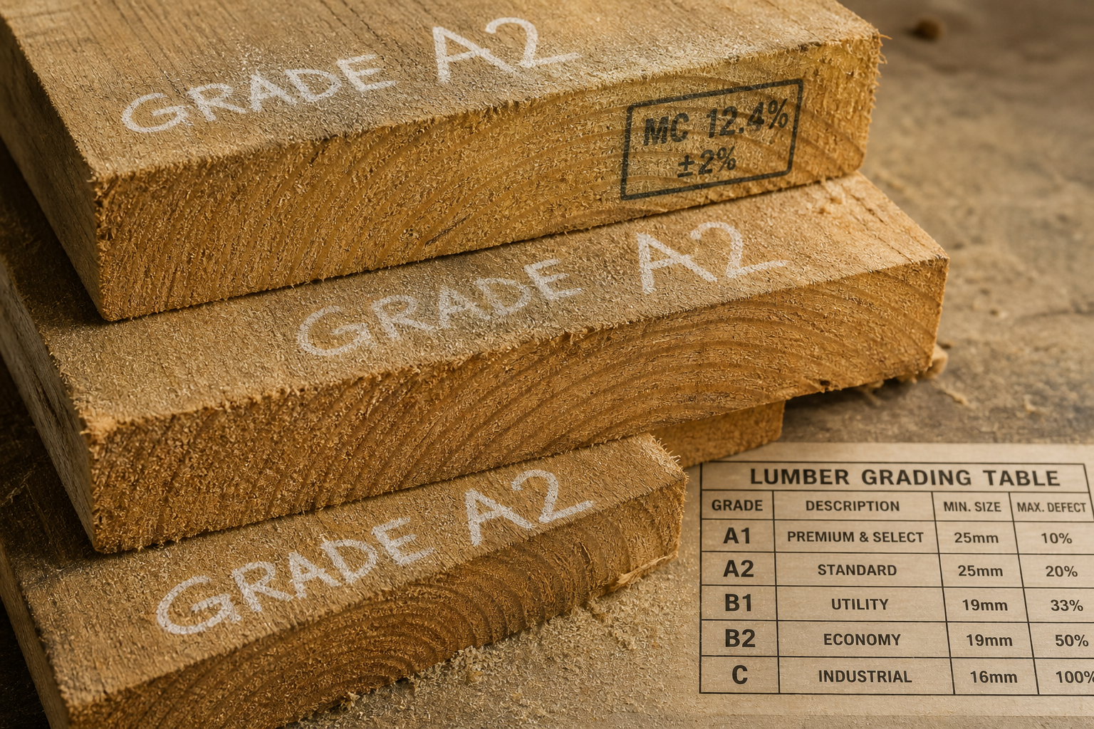 Rough-sawn timber planks with chalk grading marks representing API structural readiness