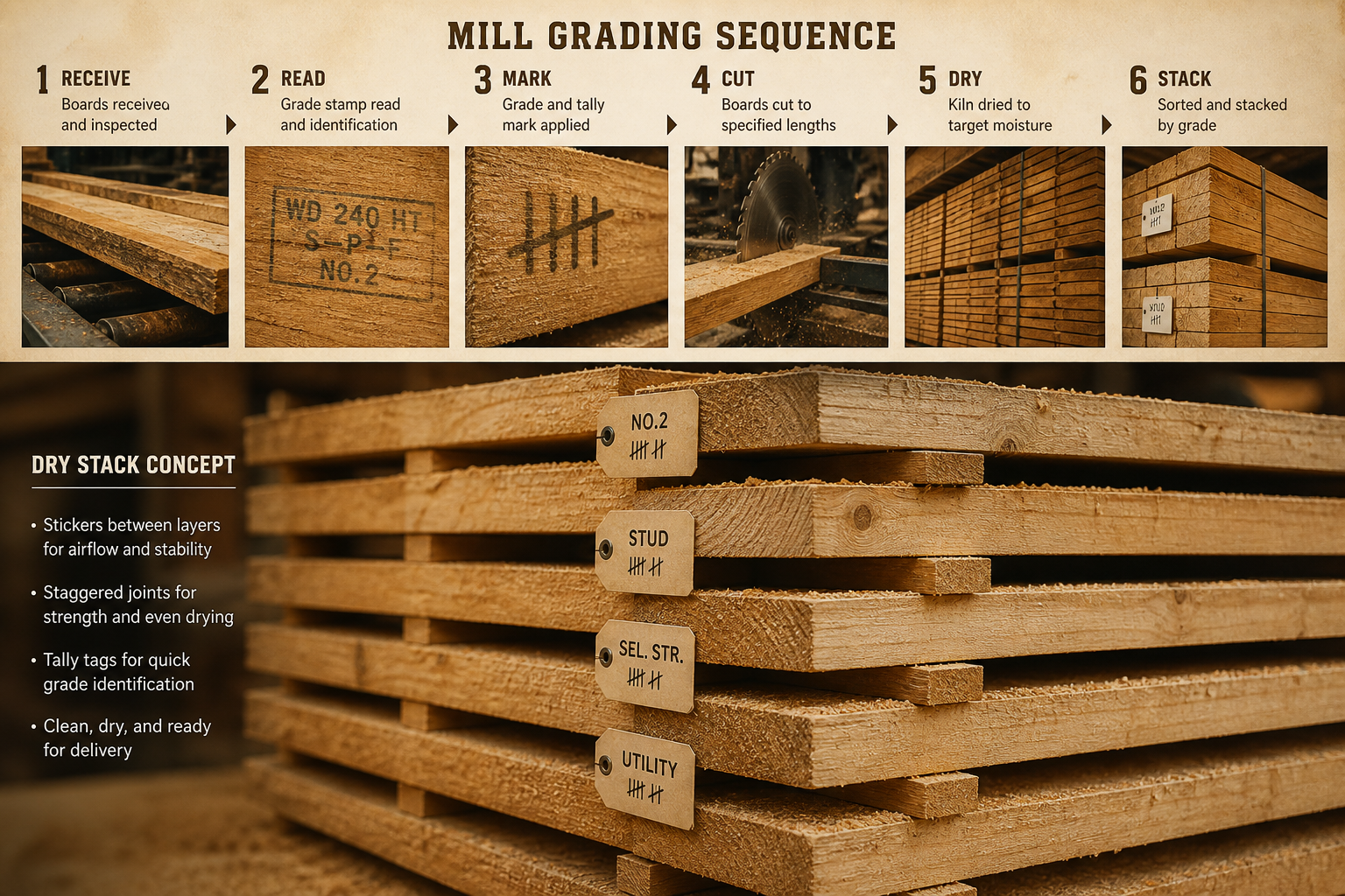 Mill grading sequence on timber boards representing structured service delivery
