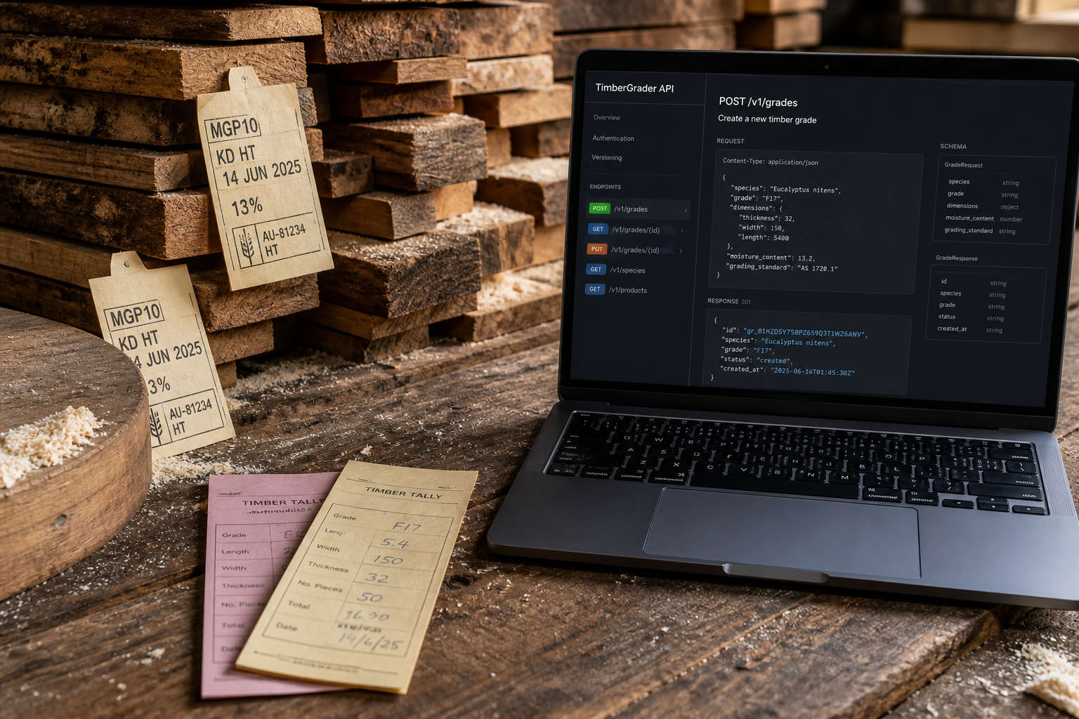 Professional workspace with API documentation on timber grading table